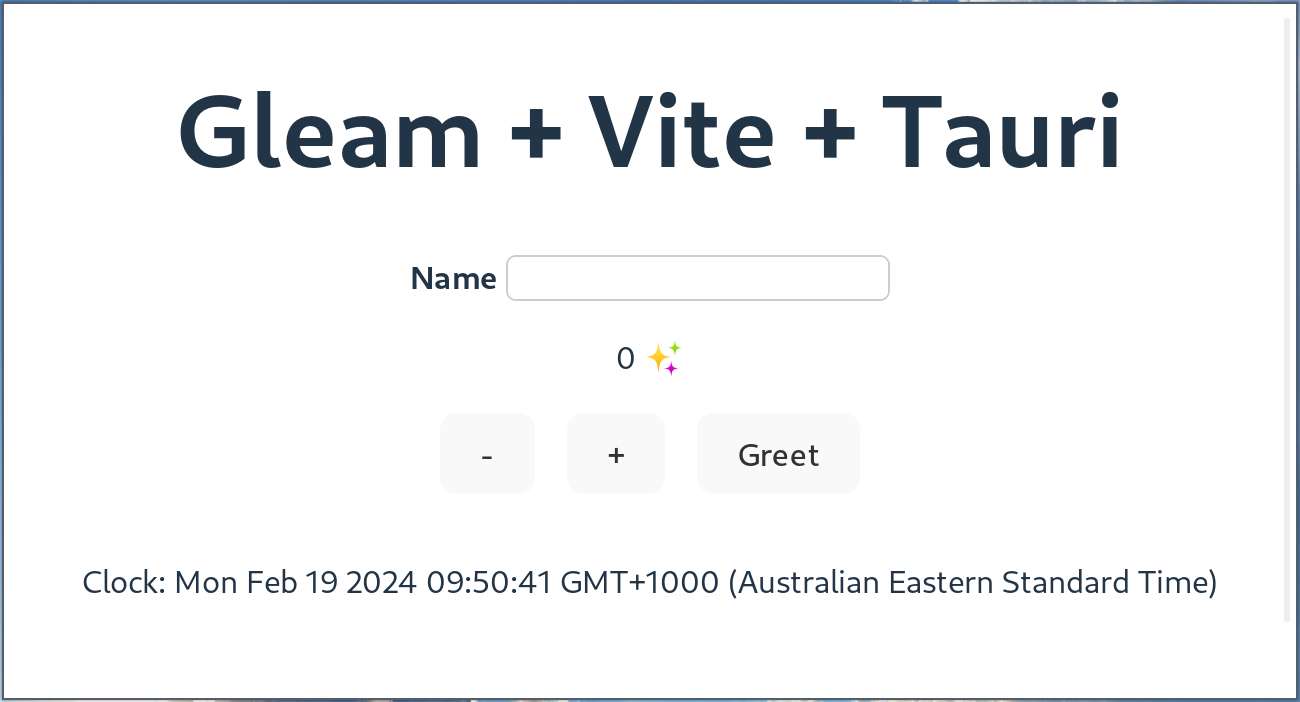 Screenshot of the application showing a name field, minus button, plus button, Greet button and the current time
