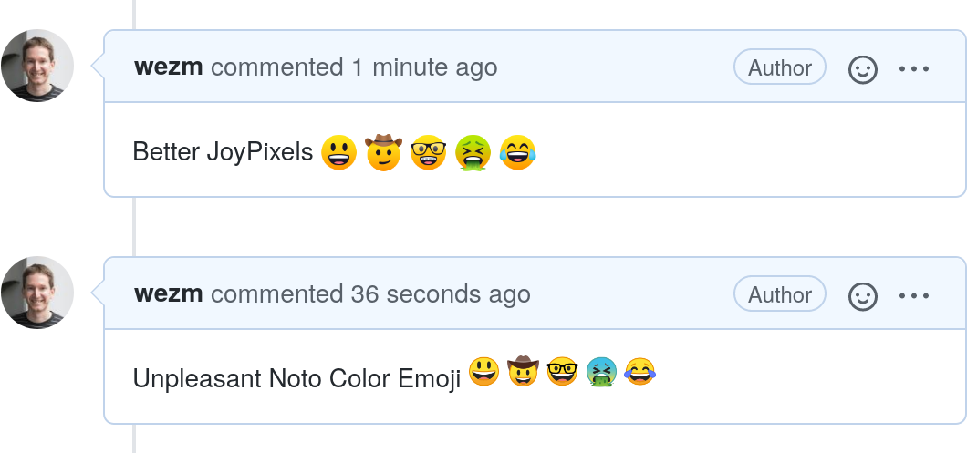 Screenshot of GitHub showing two comments, one with emoji set in the Noto Color Emoji font, the other in the JoyPixels Font.